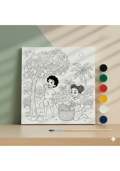 Çocuklar Için Köy Hayatı ve Meyve Hasadı Yapan Afrikalı Çocuklar Tuval Boyama Seti