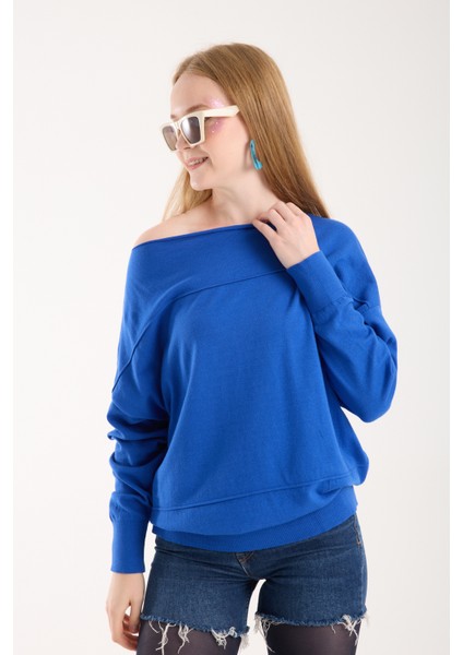 Kadın Saks Mavisi Kayık Yaka Triko Bluz