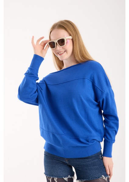 Kadın Saks Mavisi Kayık Yaka Triko Bluz modelleri