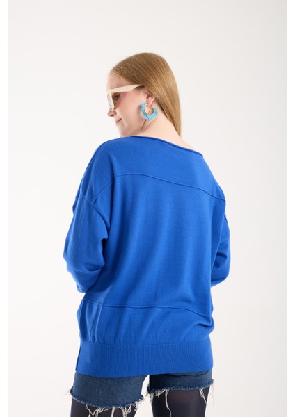 Kadın Saks Mavisi Kayık Yaka Triko Bluz fırsatları