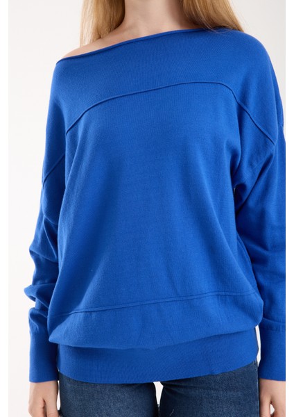 Kadın Saks Mavisi Kayık Yaka Triko Bluz indirimleri
