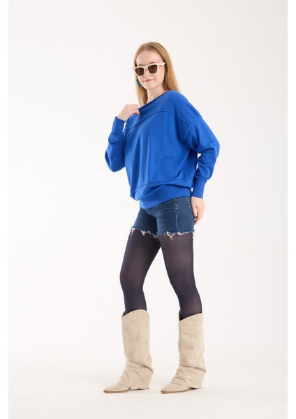 Kadın Saks Mavisi Kayık Yaka Triko Bluz