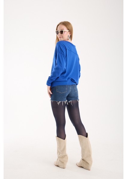 Kadın Saks Mavisi Kayık Yaka Triko Bluz