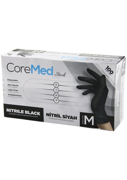 M Beden Siyah Pudrasız Nitril Muayene Eldiveni 100LÜ (5324)