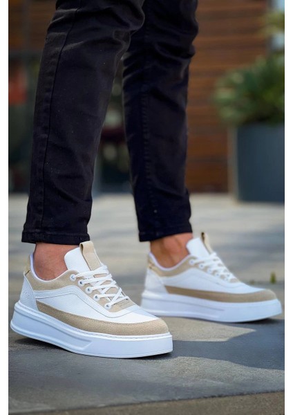 Mtxdpn KB-006 Kuback Beyaz Cilt Bej Süet Yüksek Taban Bağcıklı Günlük Erkek Ayakkabı (Numara: 42)