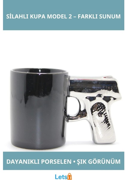 Porselen Silahlı Kupa Bardak Siyah Metalik Tasarım