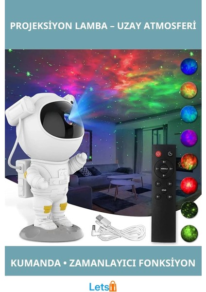 Astronot Tasarımlı Galaksi Projeksiyon Lambası Kumandalı Zamanlayıcı ile