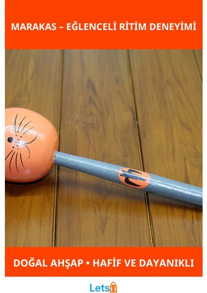 Ahşap El Yapımı Kedili Marakas Eğlenceli Müzik Aleti