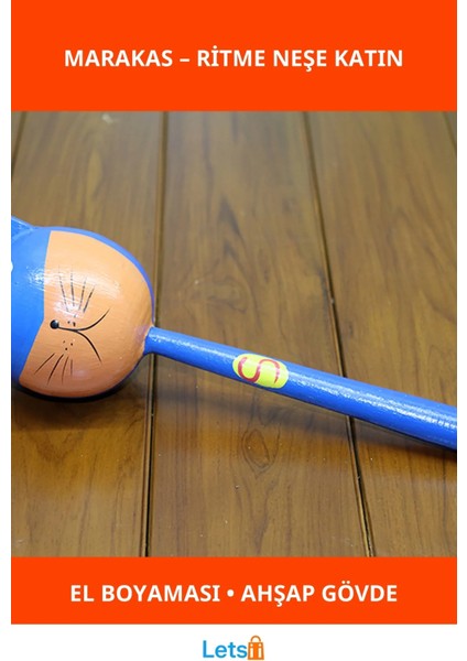 El Boyaması Ahşap Kedili Marakas Tekli Eğlenceli Müzik Aleti