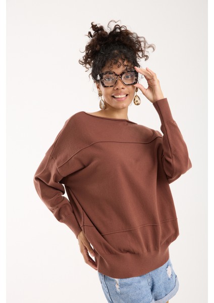 Kadın Kahve Kayık Yaka Triko Bluz