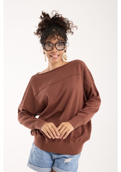 Kadın Kahve Kayık Yaka Triko Bluz modelleri