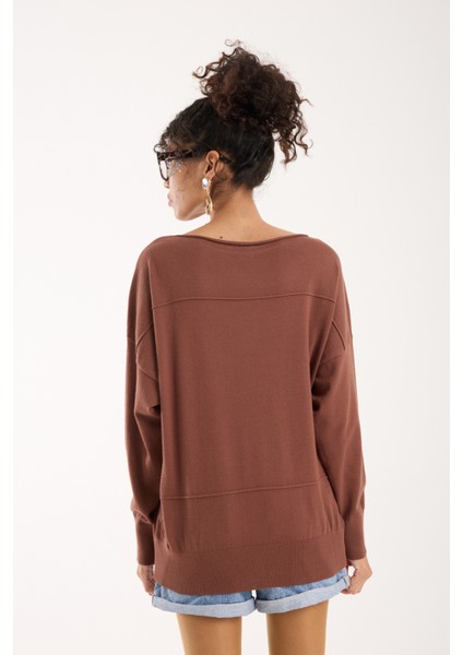 Kadın Kahve Kayık Yaka Triko Bluz indirimleri