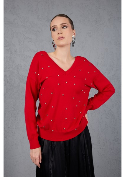 Kadın Kırmızı Önü Taş Detaylı V Yaka Triko Bluz