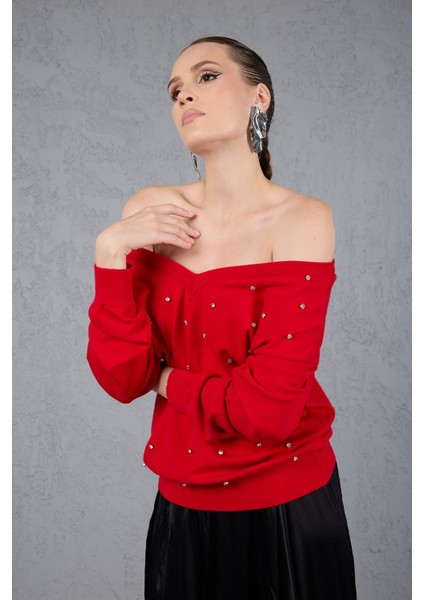 Kadın Kırmızı Önü Taş Detaylı V Yaka Triko Bluz fiyatları