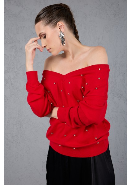 Kadın Kırmızı Önü Taş Detaylı V Yaka Triko Bluz modelleri