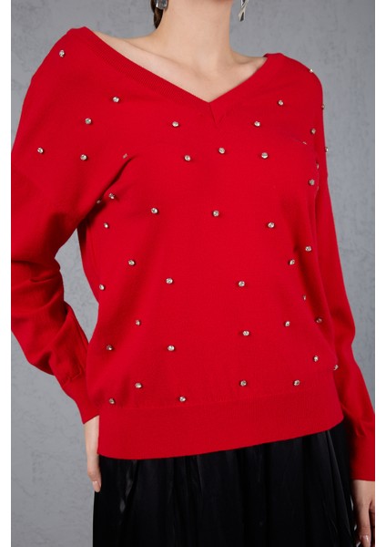 Kadın Kırmızı Önü Taş Detaylı V Yaka Triko Bluz indirimleri