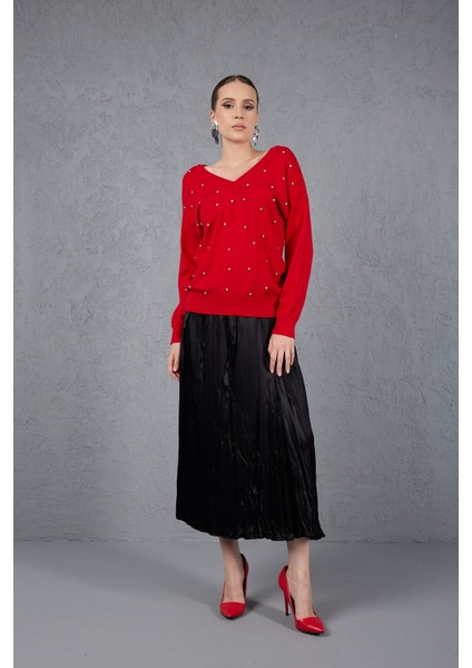 Kadın Kırmızı Önü Taş Detaylı V Yaka Triko Bluz