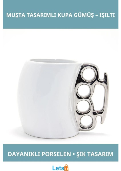 Şık Gümüş Renkli Porselen Muşta Tasarımlı Kupa Bardak