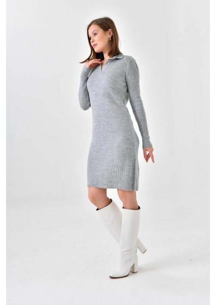 Kadın Elbise Polo Yaka Triko Elbise Gri - 10542