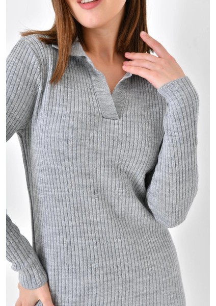 Kadın Elbise Polo Yaka Triko Elbise Gri - 10542 modelleri