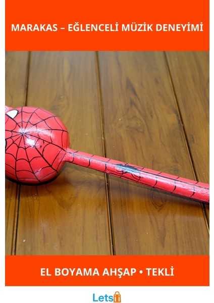 Ahşap Kedili Spiderman Marakas Tekli Eğlenceli Müzik Aleti