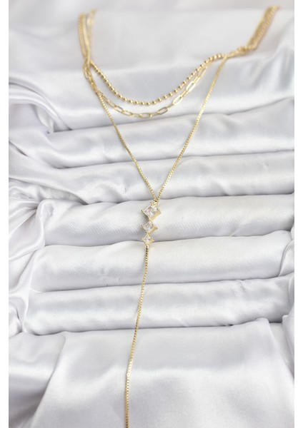 Pirinç Gold Renk Zirkon Taş Detaylı 3'lü Kombin Y Kadın Kolye fiyatları