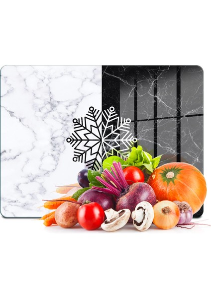 Cam Kesme Tahtası ve Sunumluk Siyah Beyaz Kar Tanesi Desenli 30X40 cm