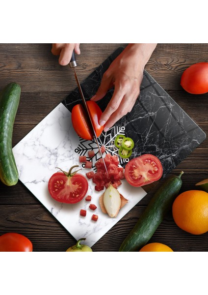 Cam Kesme Tahtası ve Sunumluk Siyah Beyaz Kar Tanesi Desenli 30X40 cm fırsatları