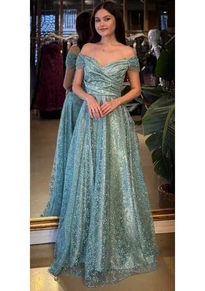 Mint Madonna Yaka Sırt Dekolteli Kloş Etekli Simli Uzun Abiye Elbise 11066-04