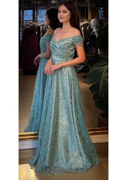 Mint Madonna Yaka Sırt Dekolteli Kloş Etekli Simli Uzun Abiye Elbise 11066-04 fiyatları