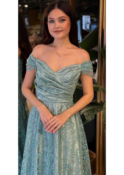 Mint Madonna Yaka Sırt Dekolteli Kloş Etekli Simli Uzun Abiye Elbise 11066-04 modelleri