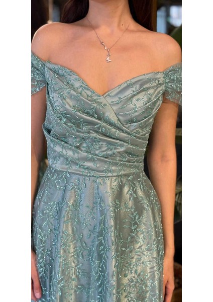 Mint Madonna Yaka Sırt Dekolteli Kloş Etekli Simli Uzun Abiye Elbise 11066-04 fırsatları