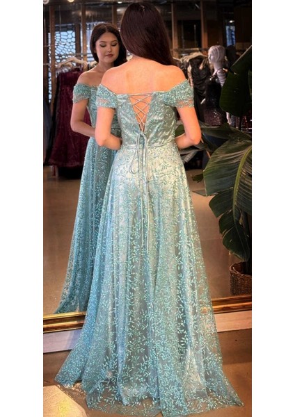 Mint Madonna Yaka Sırt Dekolteli Kloş Etekli Simli Uzun Abiye Elbise 11066-04 indirimleri