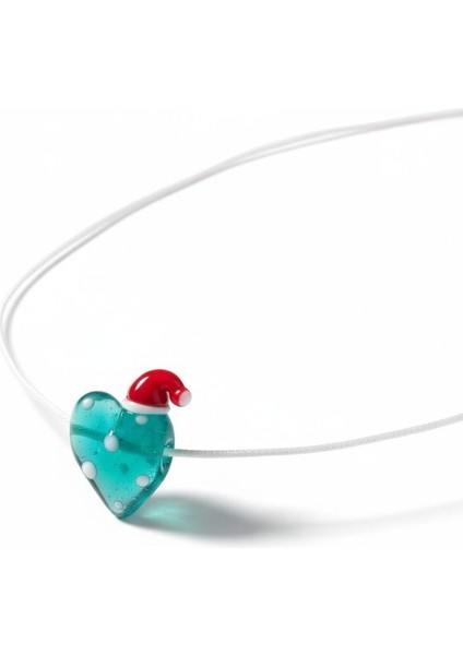 El Yapımı Porselen Mavi Kalp Yılbaşı Şapkalı Figürlü Kadın Kolye