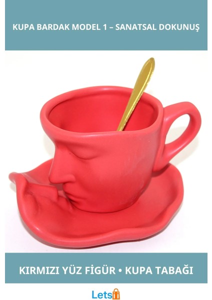Kırmızı Insan Yüzü Tasarımlı Şık Porselen Kupa Bardak ve Tabağı
