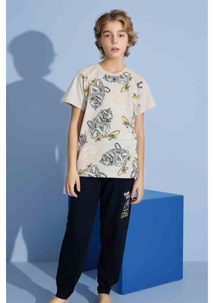 Erkek Çocuk Kaplan T-Shirt Uzun Alt Penye Süprem Bisiklet Yaka Orta Kalın Pijama TAKIMI-3973