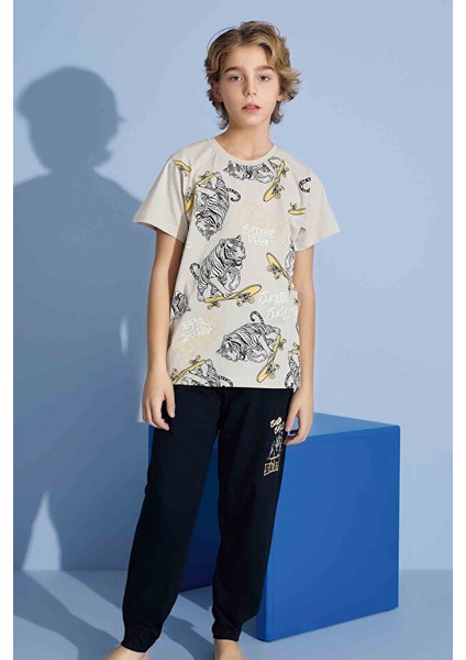 Erkek Çocuk Kaplan T-Shirt Uzun Alt Penye Süprem Bisiklet Yaka Orta Kalın Pijama TAKIMI-3973 fırsatları