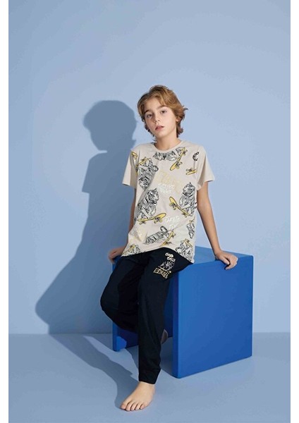 Erkek Çocuk Kaplan T-Shirt Uzun Alt Penye Süprem Bisiklet Yaka Orta Kalın Pijama TAKIMI-3973 indirimleri