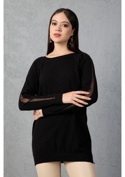 Kadın Siyah Reglan Kol Simli Detaylı Yuvarlak Yaka Triko Bluz