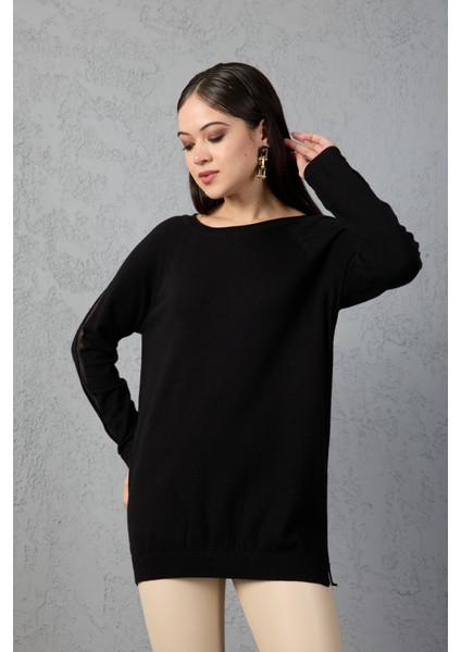 Kadın Siyah Reglan Kol Simli Detaylı Yuvarlak Yaka Triko Bluz modelleri