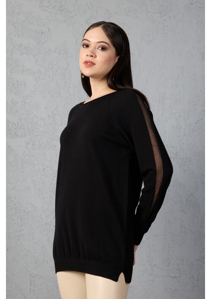 Kadın Siyah Reglan Kol Simli Detaylı Yuvarlak Yaka Triko Bluz fırsatları