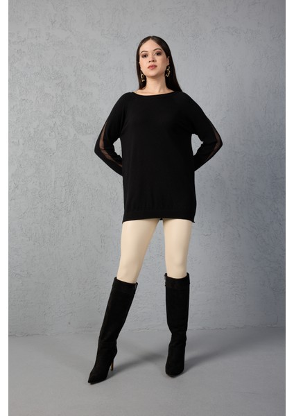 Kadın Siyah Reglan Kol Simli Detaylı Yuvarlak Yaka Triko Bluz