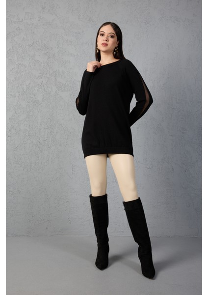 Kadın Siyah Reglan Kol Simli Detaylı Yuvarlak Yaka Triko Bluz