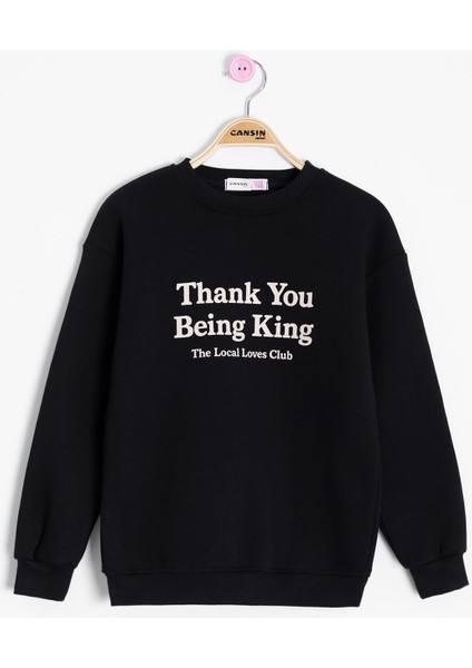 Siyah Yazı Baskılı Bisiklet Yaka Kız Çocuk Şardonlu Sweatshirt 23255