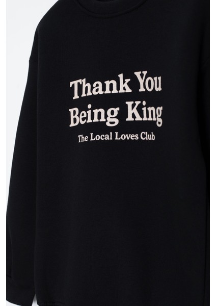 Siyah Yazı Baskılı Bisiklet Yaka Kız Çocuk Şardonlu Sweatshirt 23255 fiyatları