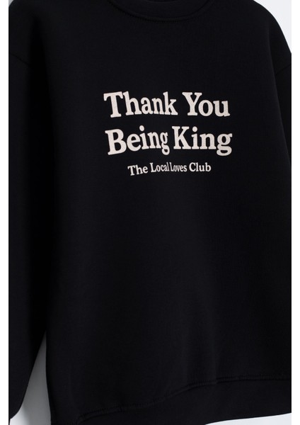 Siyah Yazı Baskılı Bisiklet Yaka Kız Çocuk Şardonlu Sweatshirt 23255 fırsatları