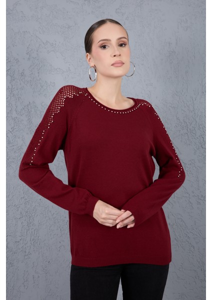 Kadın Bordo Ajurlu Inci Detaylı Reglan Kollu Yuvarlak Yaka Triko Bluz
