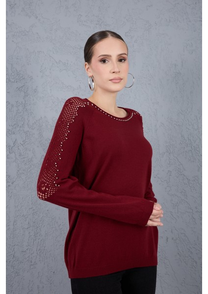 Kadın Bordo Ajurlu Inci Detaylı Reglan Kollu Yuvarlak Yaka Triko Bluz fiyatları