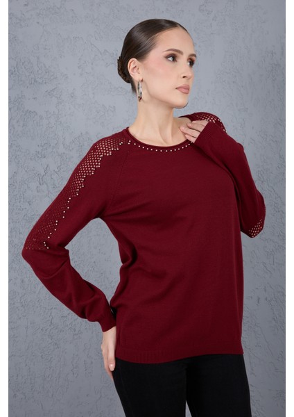 Kadın Bordo Ajurlu Inci Detaylı Reglan Kollu Yuvarlak Yaka Triko Bluz modelleri