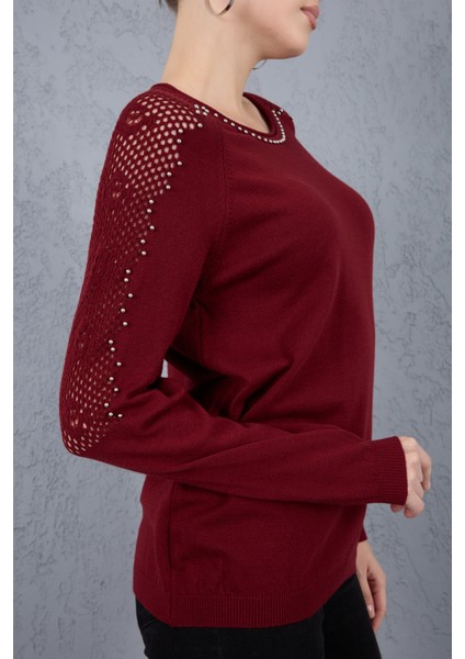 Kadın Bordo Ajurlu Inci Detaylı Reglan Kollu Yuvarlak Yaka Triko Bluz indirimleri